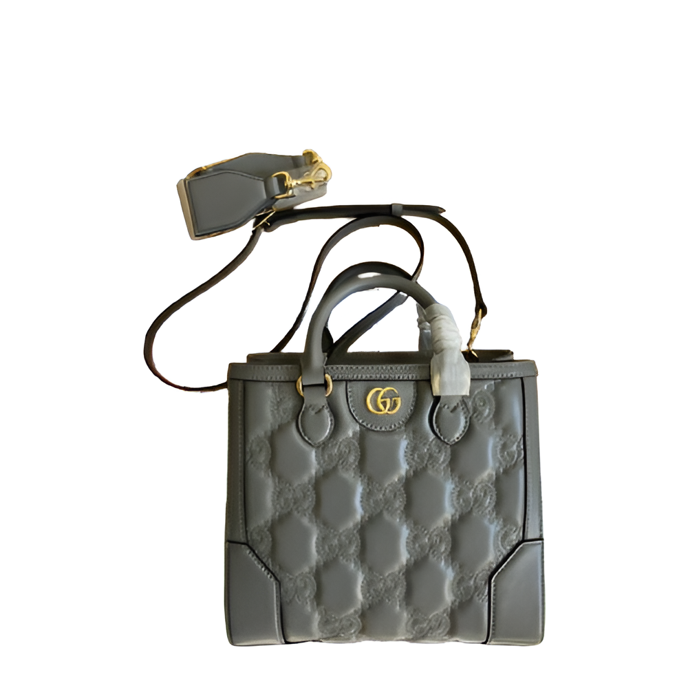 GUCCI GG Embossed Gray Leather Tote Bag