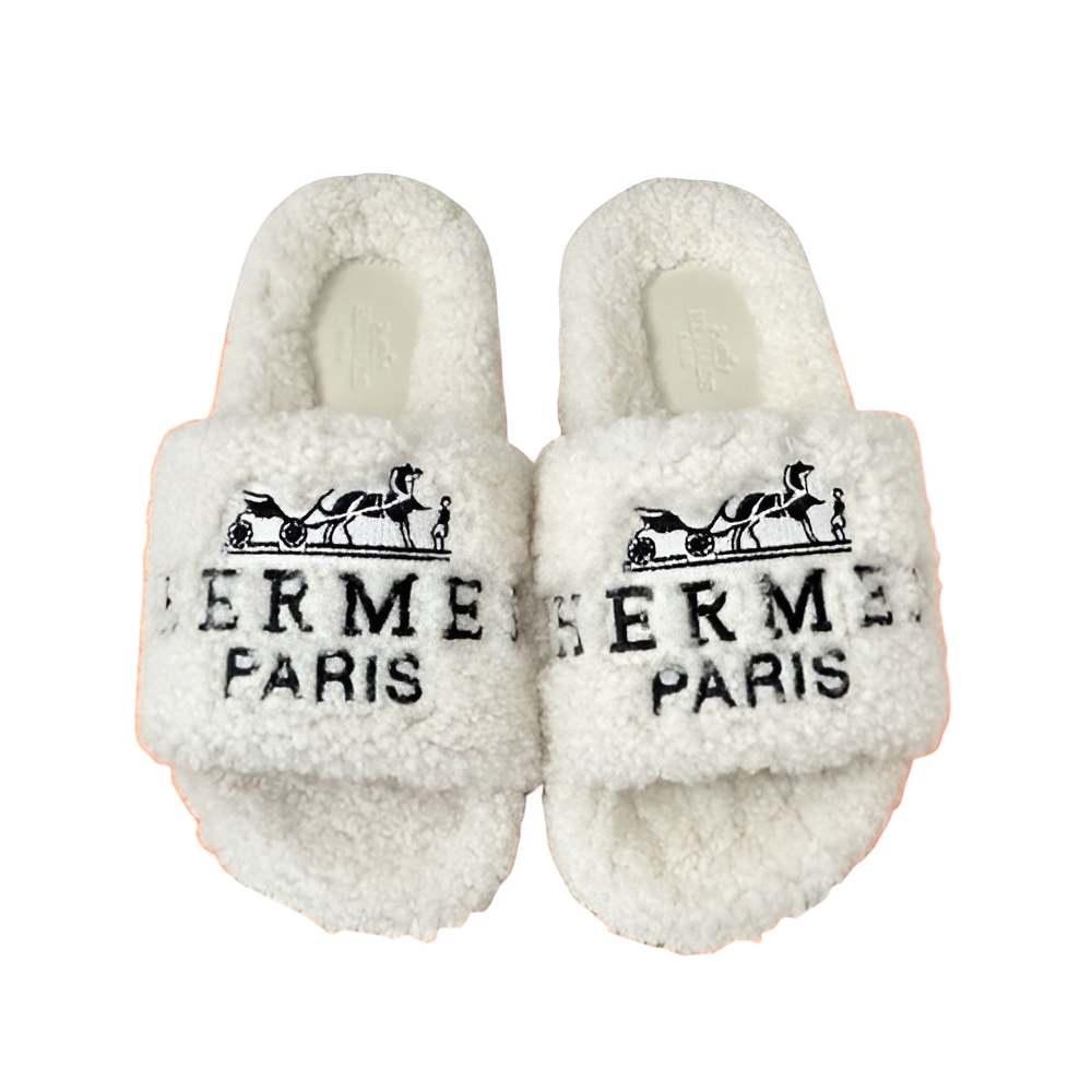Hermes Women's White Fleece Slippers
