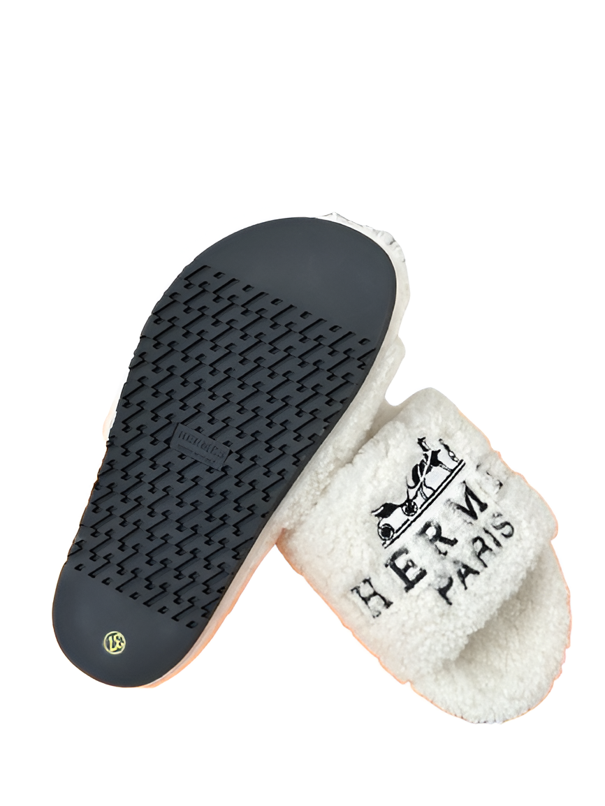 Hermes Women's White Fleece Slippers