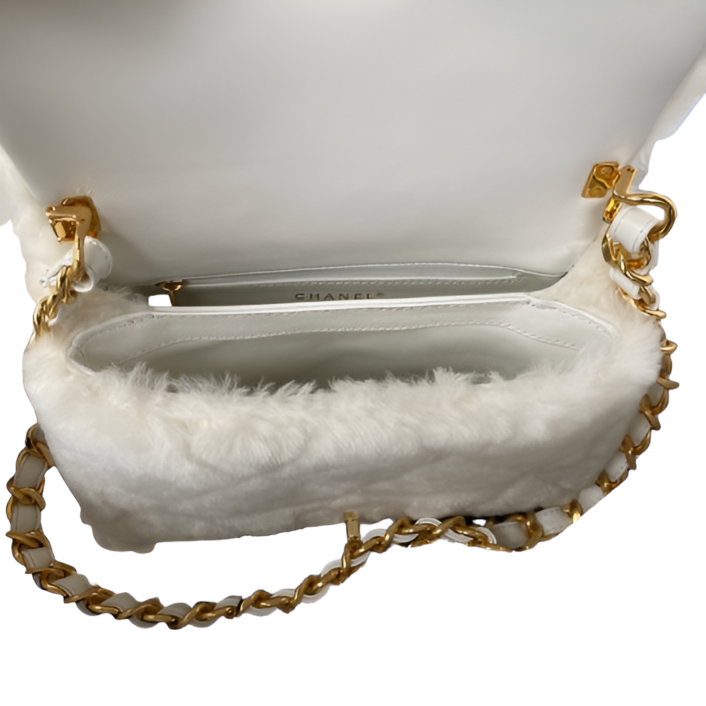 CHANEL White Faux Fur Mini Flap Bag
