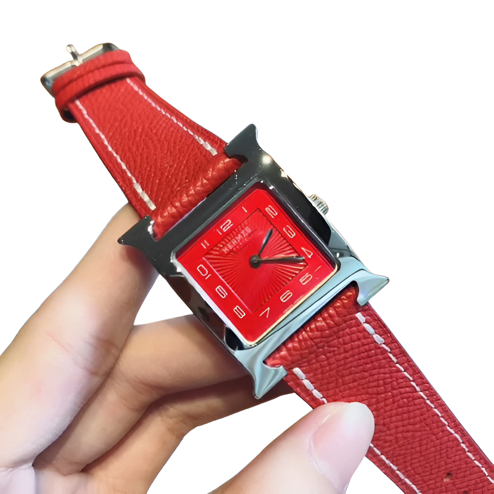 Hermes Red Square Watch - Red Leather Strap
