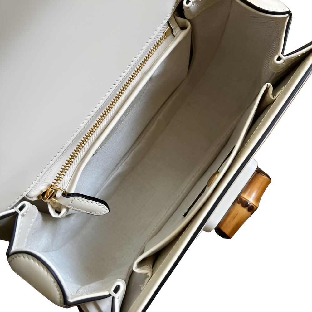 GUCCI White Leather Bamboo Handle Bag