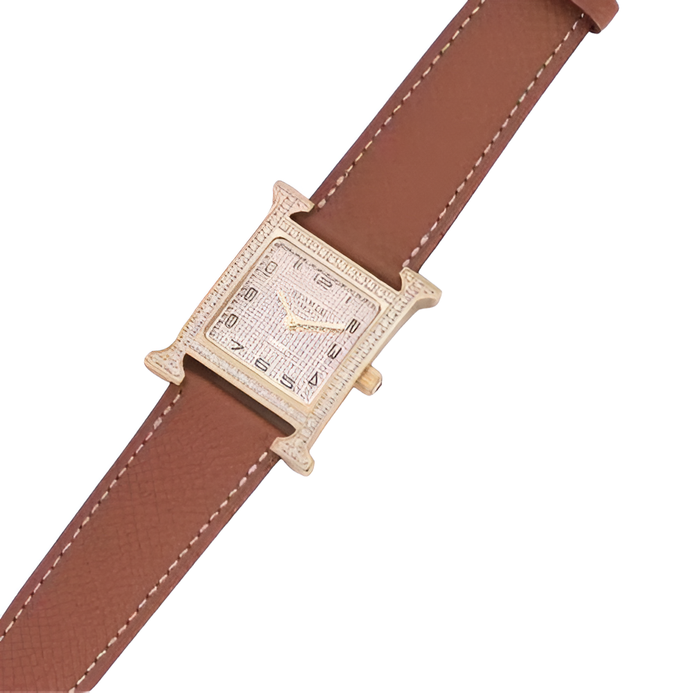 Hermes Gold-Tone Square Watch - Brown Leather Strap