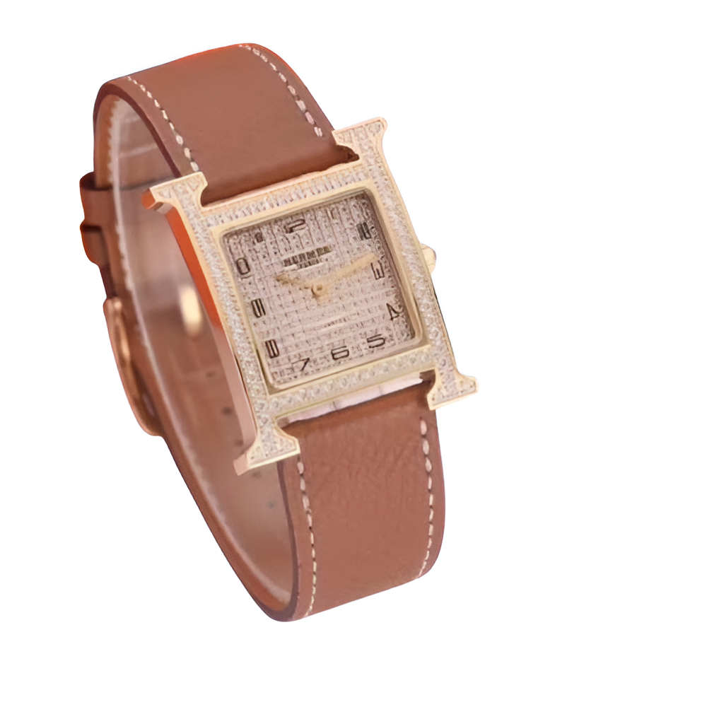 Hermes Gold-Tone Square Watch - Brown Leather Strap