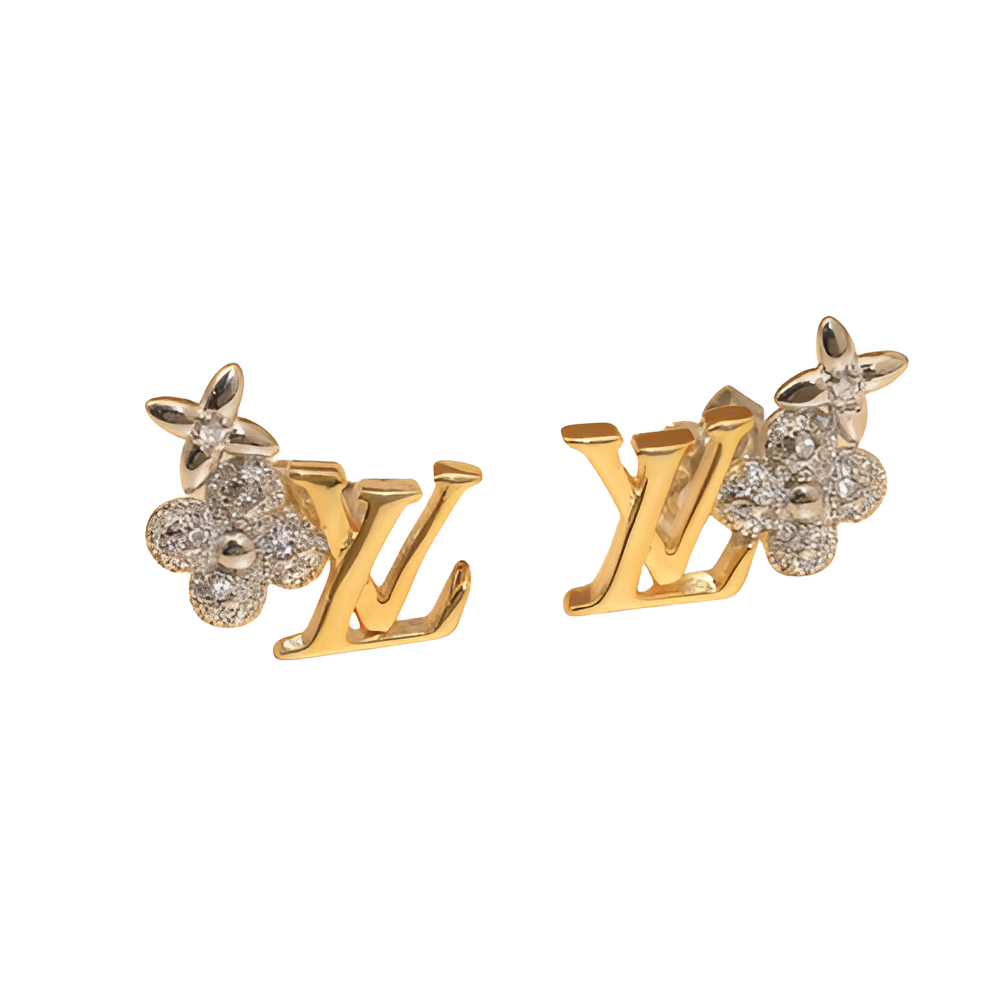 LV Floral Monogram Stud Earrings - Gold & Diamond Accents