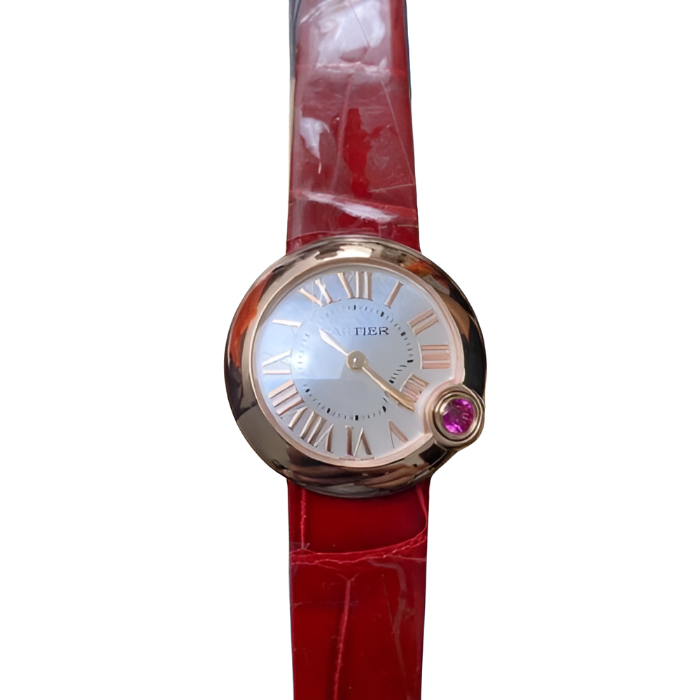 Cartier Ballon Bleu de Cartier Rose Gold with Ruby Crown & Red Leather Strap