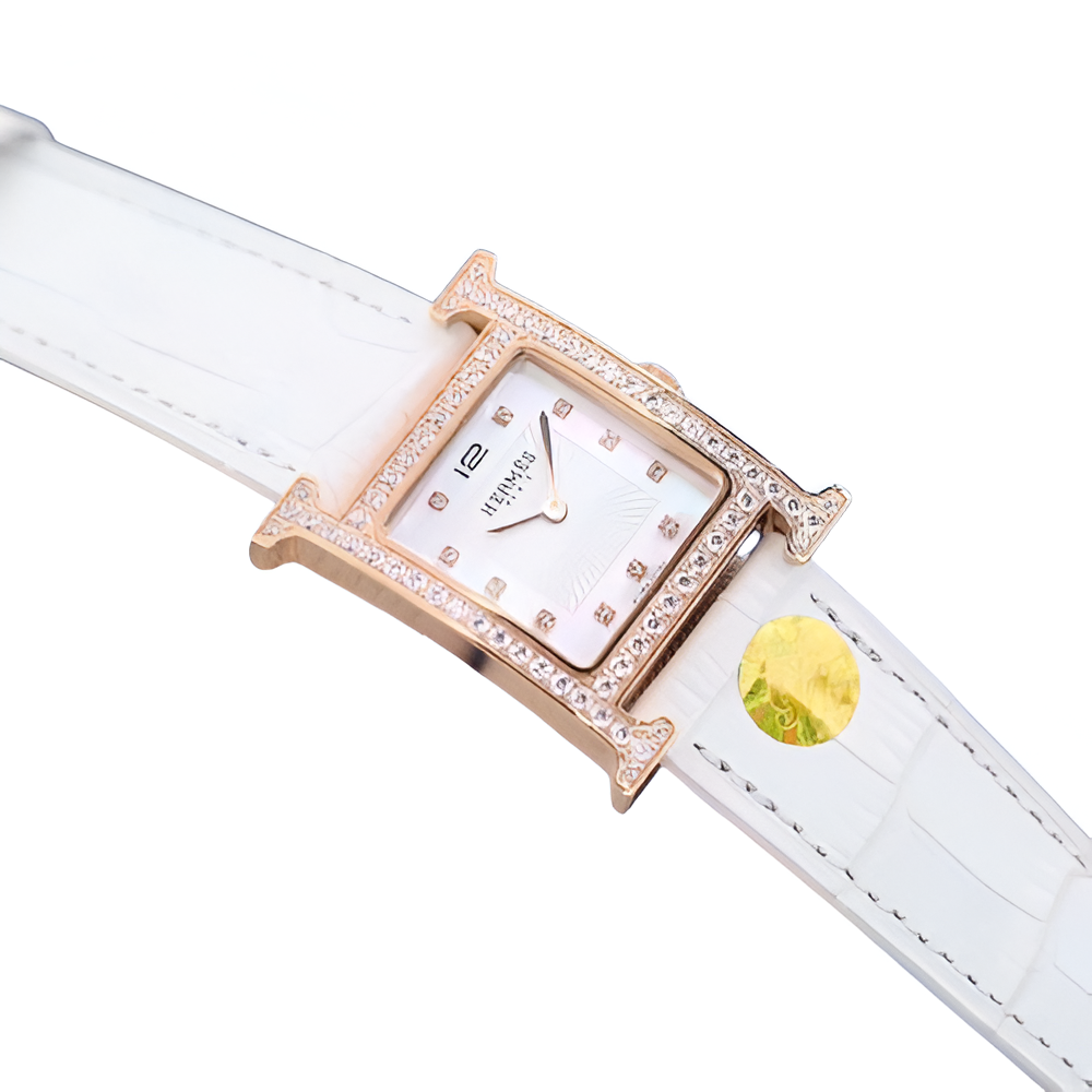 HERMÈS Diamond-Studded White Strap Watch