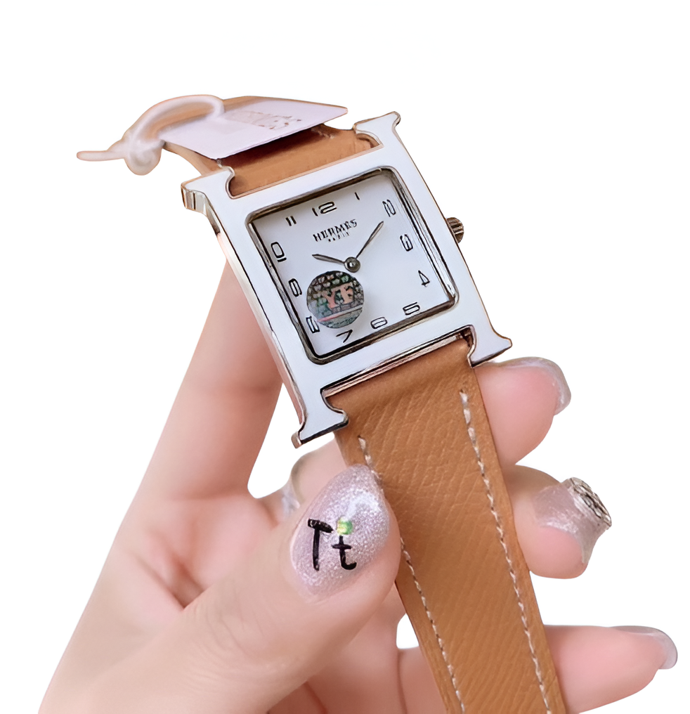 Hermes White Dial Square Watch - Brown Leather Strap