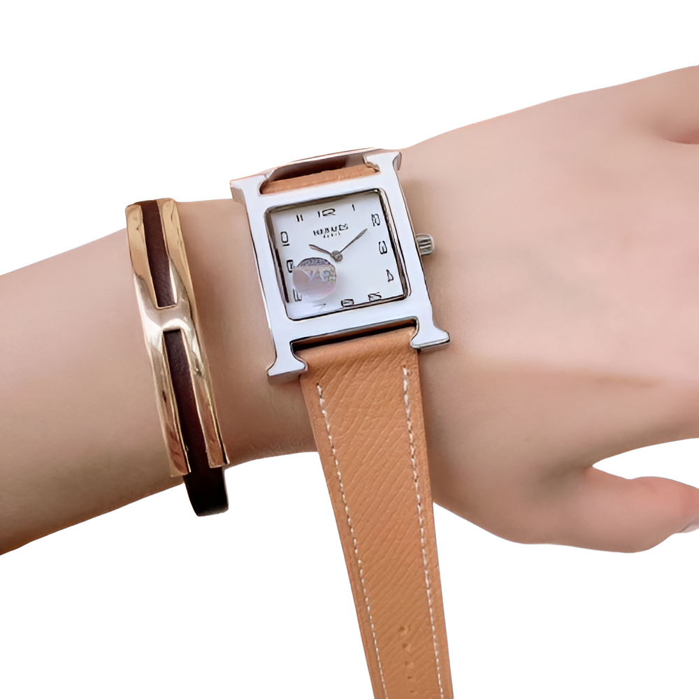 Hermes White Dial Square Watch - Brown Leather Strap