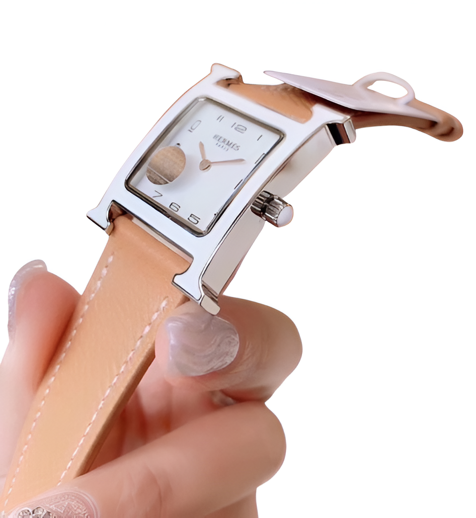 Hermes White Dial Square Watch - Brown Leather Strap