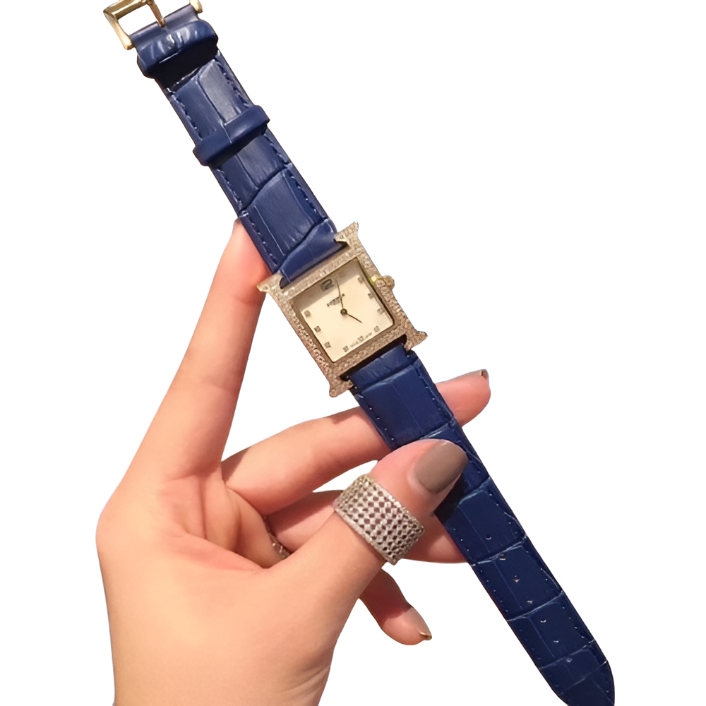 Hermes Blue Strap Diamond-Accent Watch - Square Dial