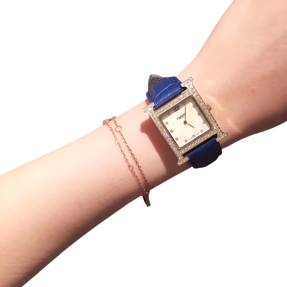 Hermes Blue Strap Diamond-Accent Watch - Square Dial