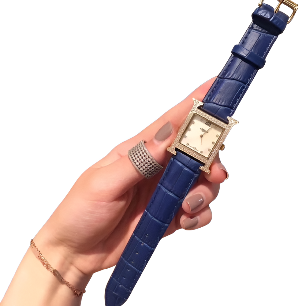 Hermes Blue Strap Diamond-Accent Watch - Square Dial