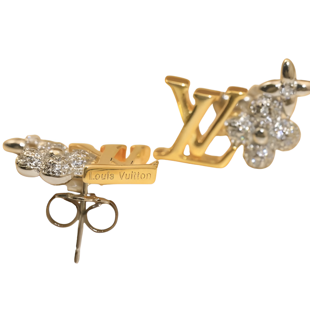 LV Floral Monogram Stud Earrings - Gold & Diamond Accents