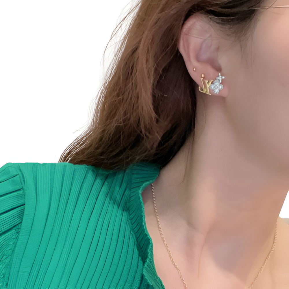 LV Floral Monogram Stud Earrings - Gold & Diamond Accents