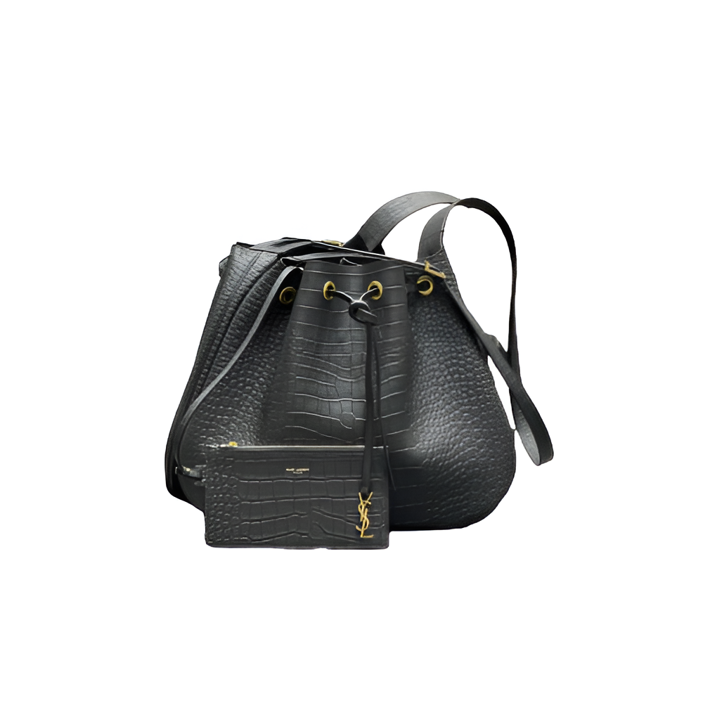 YSL Croc-Embossed Drawstring Bucket Bag with Pouch