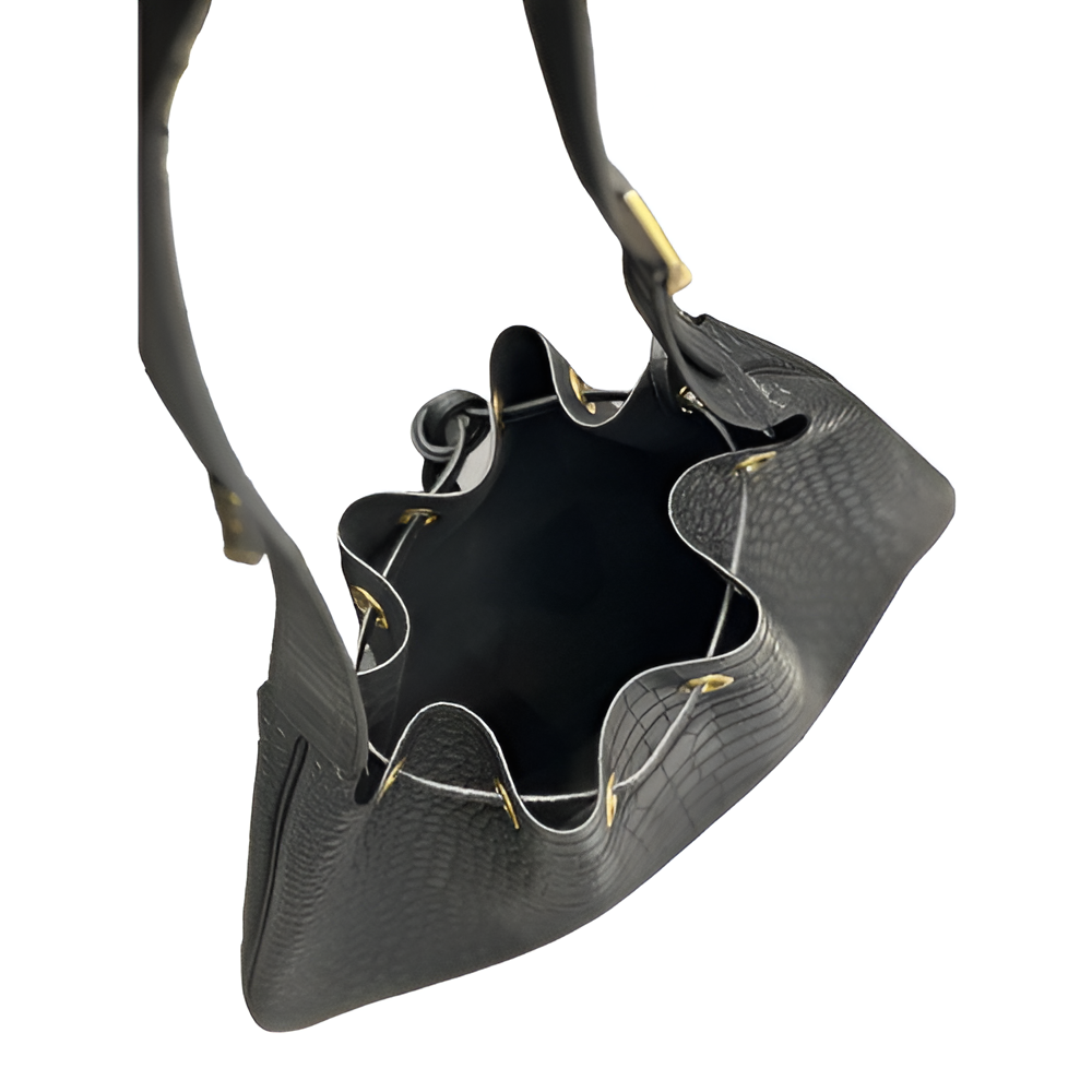 YSL Croc-Embossed Drawstring Bucket Bag with Pouch