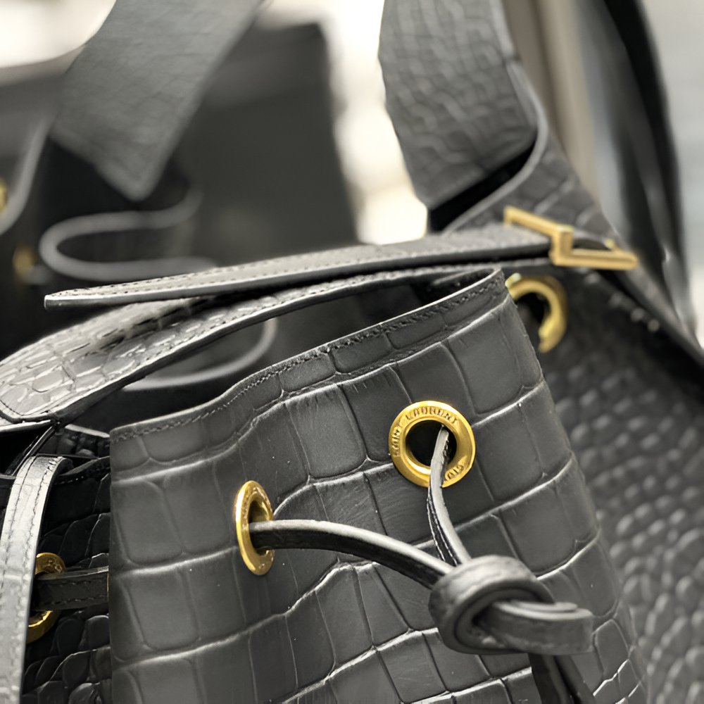 YSL Croc-Embossed Drawstring Bucket Bag with Pouch