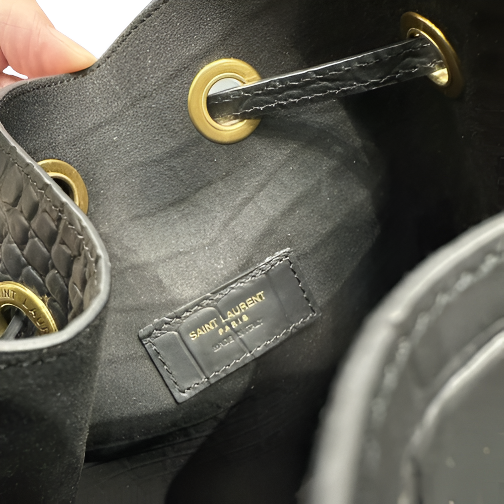 YSL Croc-Embossed Drawstring Bucket Bag with Pouch