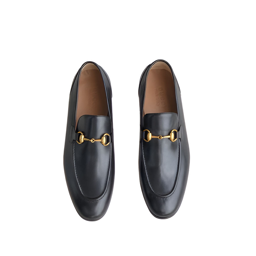 GUCCI Men's Black Leather Loafers with Gold Detail