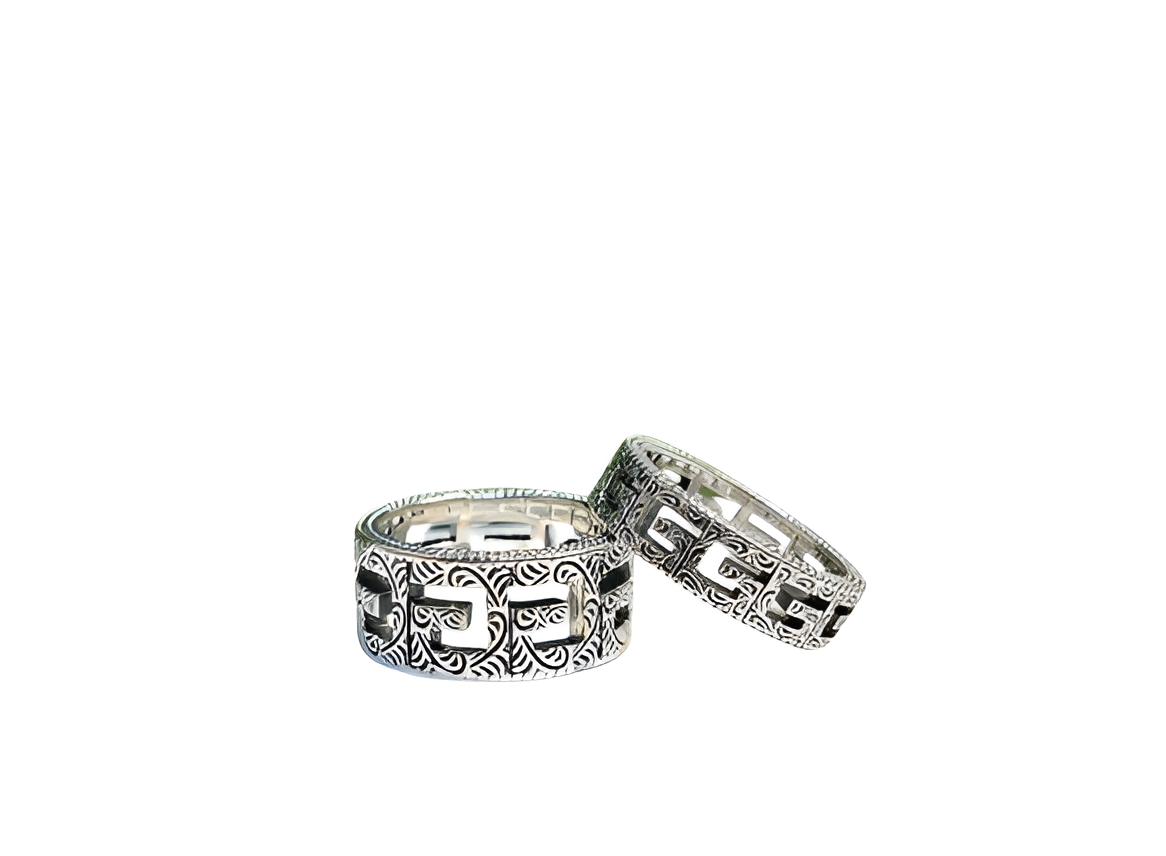 Gucci Greek Key Design Silver Ring Set