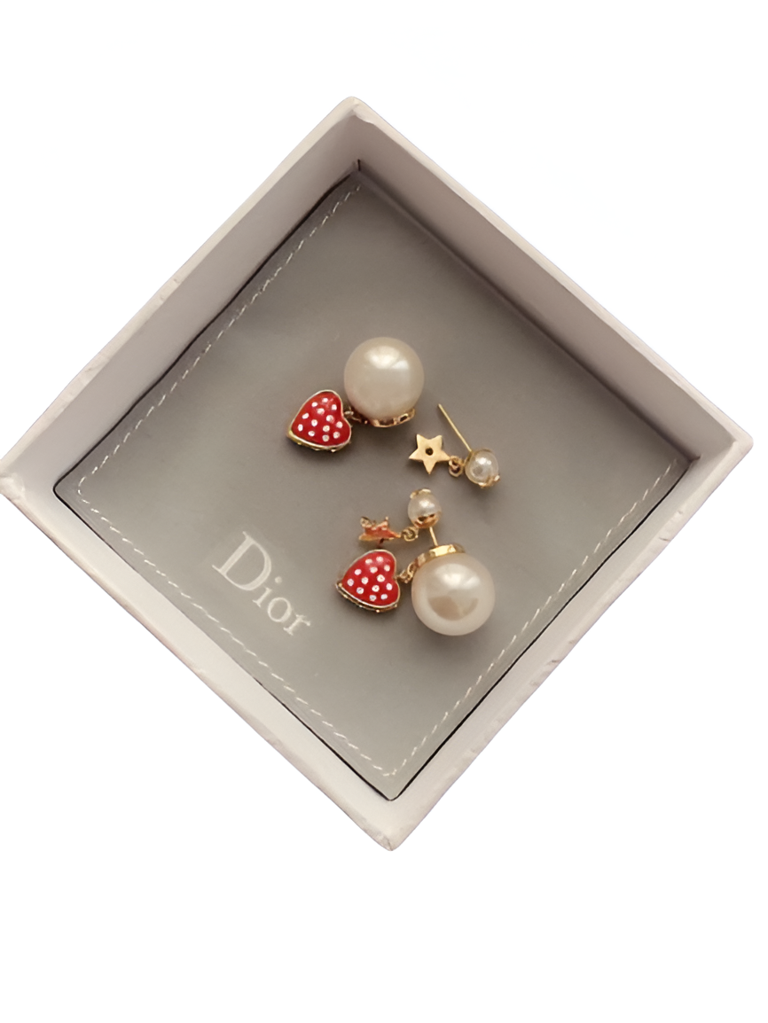 Dior Red Heart & Star Pearl Earrings