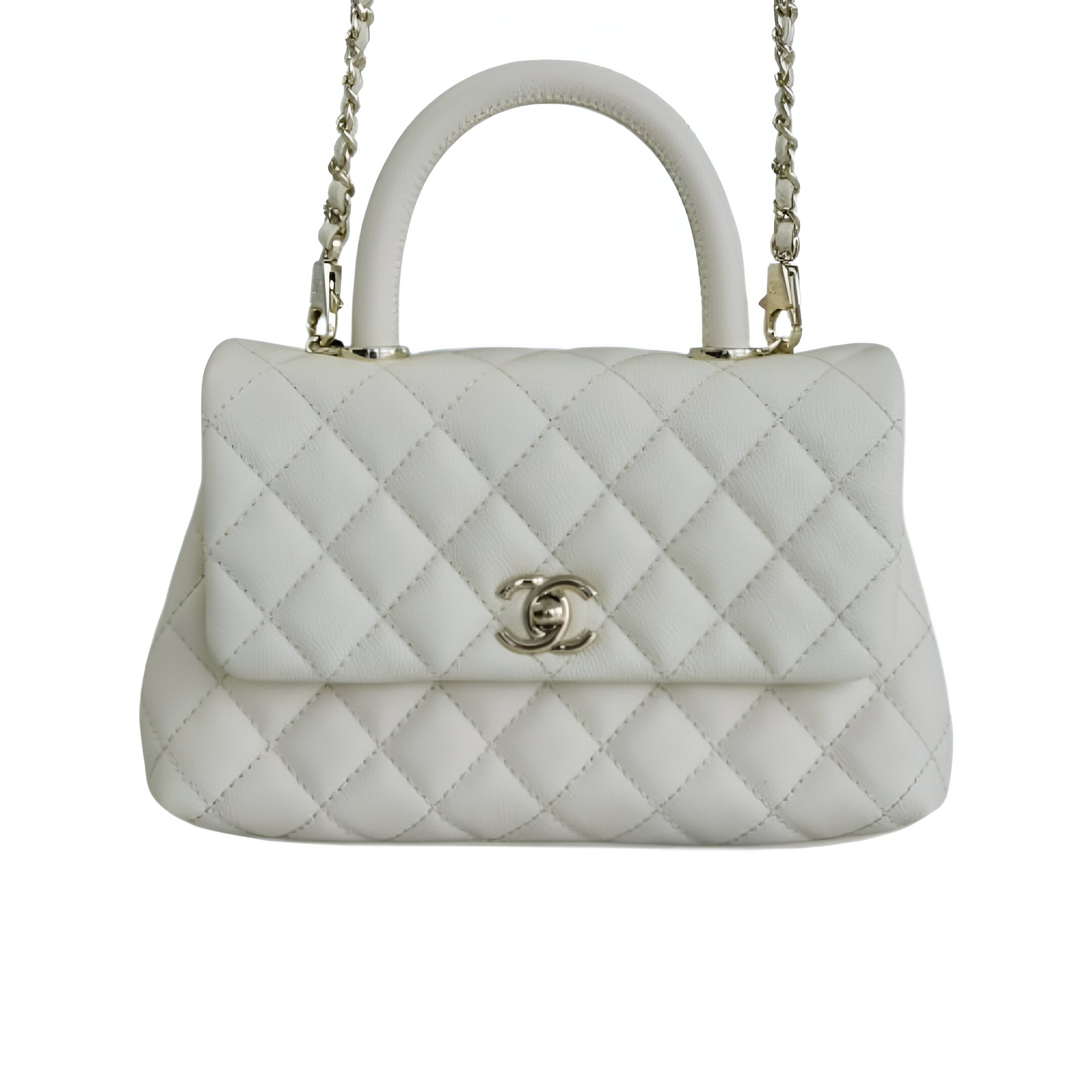 CHANEL Quilted White Top Handle Bag