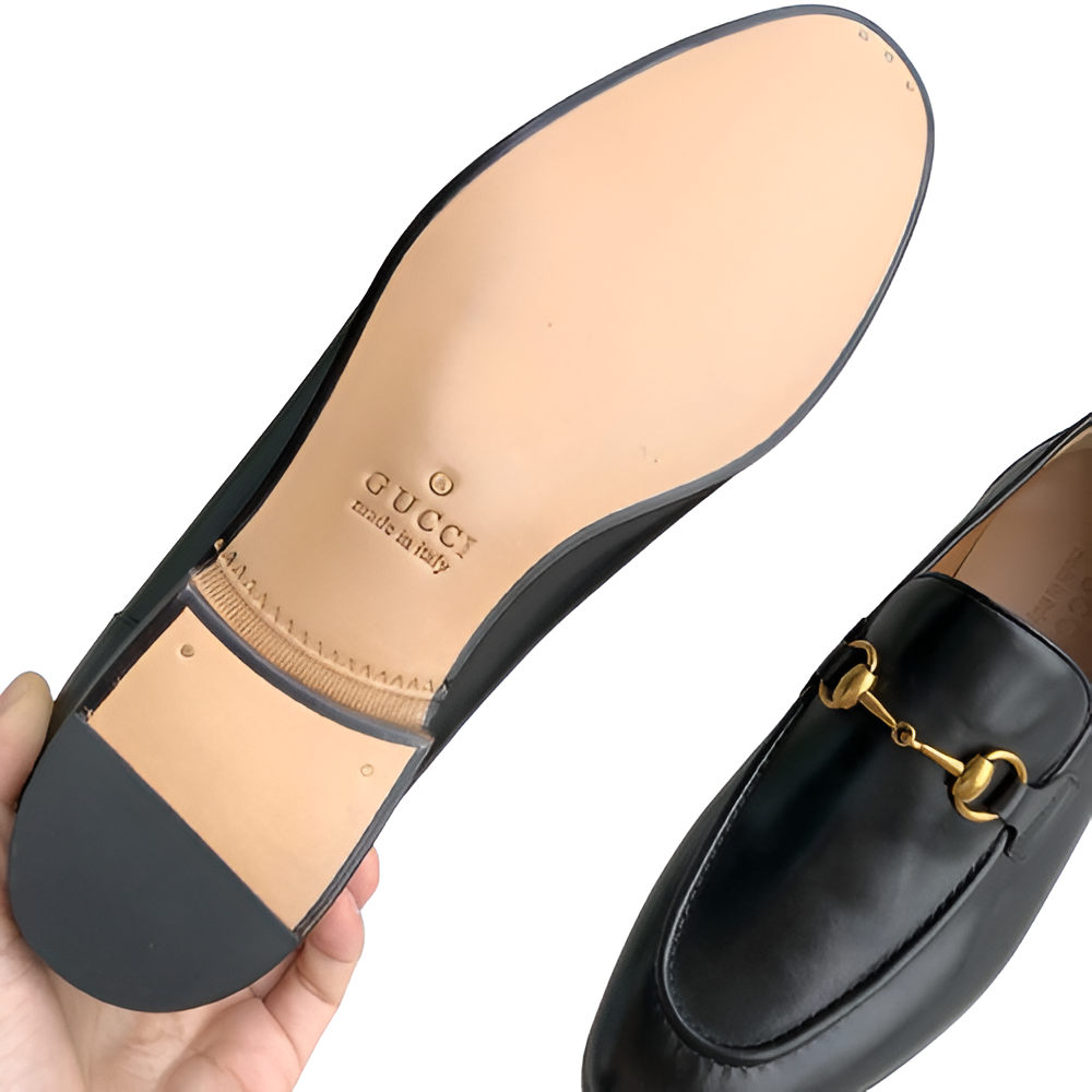 GUCCI Men's Black Leather Loafers with Gold Detail