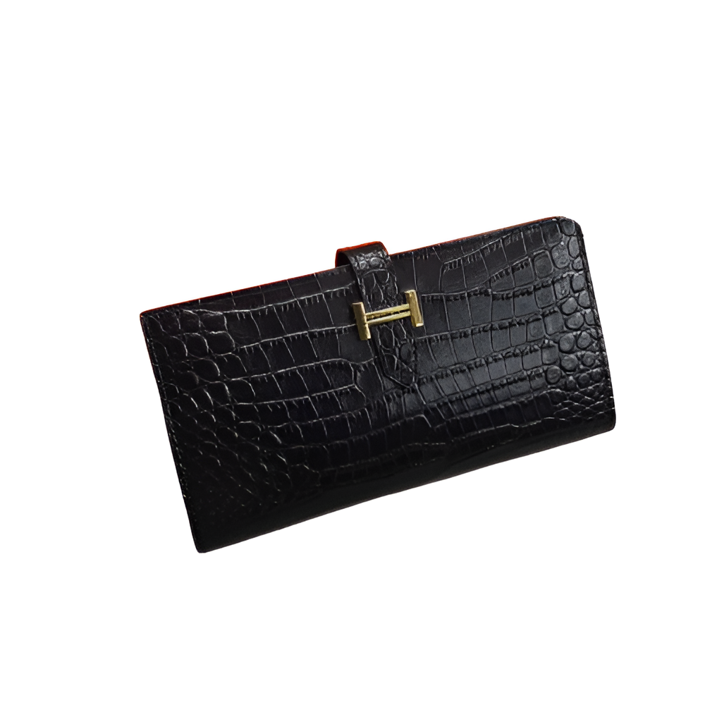 Premium Hermes-Inspired Black Crocodile-Embossed Leather Wallet
