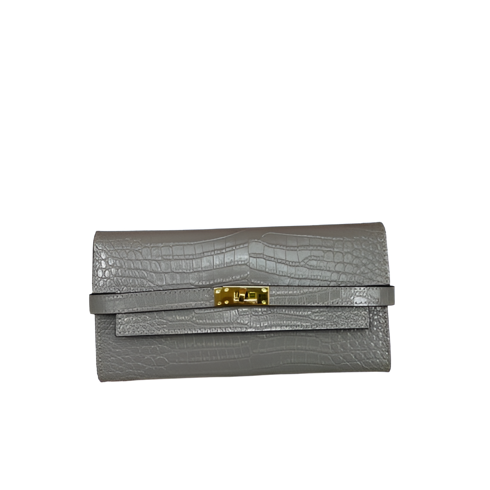 Premium Hermes-Inspired Gray Crocodile-Embossed Leather Wallet