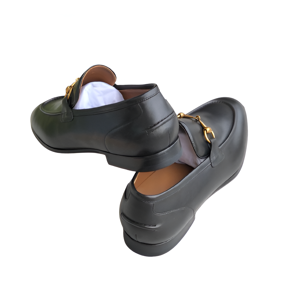 GUCCI Men's Black Leather Loafers with Gold Detail