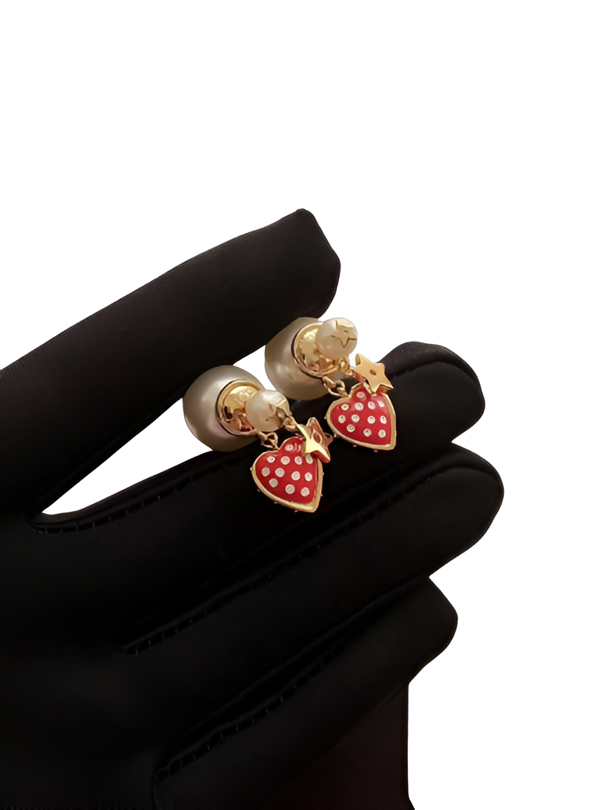 Dior Red Heart & Star Pearl Earrings