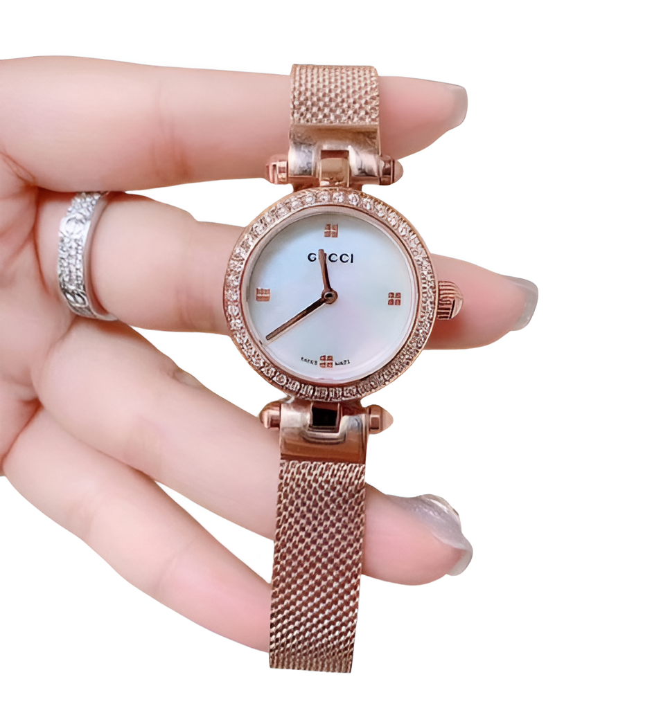 Gucci Rose Gold Mesh Watch - Diamond Accent Dial
