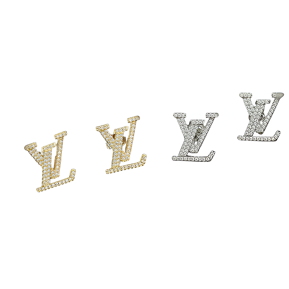 LV Monogram Stud Earrings - Gold & Silver with Crystals