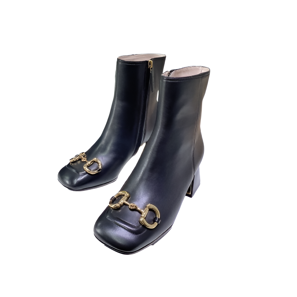 Gucci  Women's Black Leather Ankle Boots with Gold Horsebit