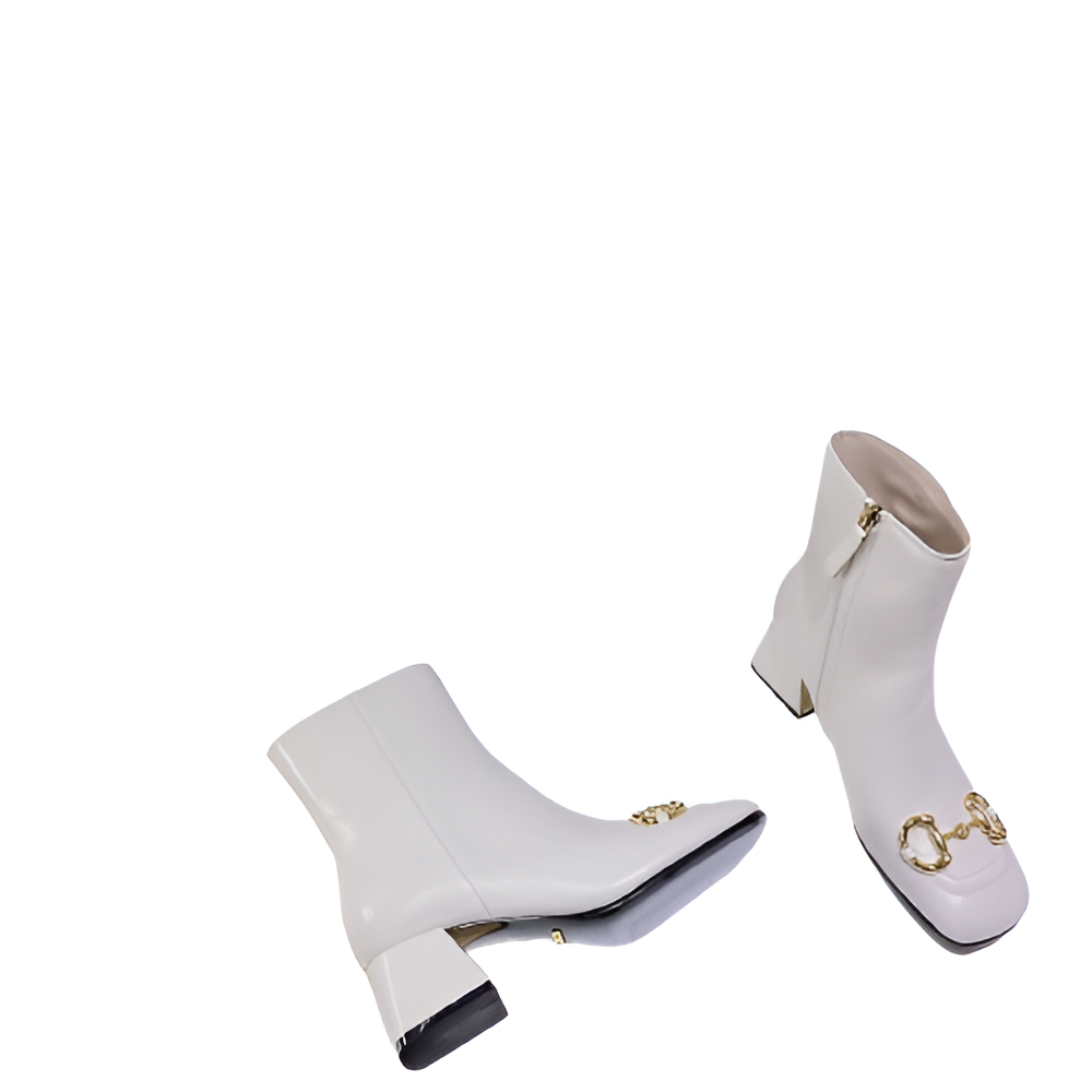 Gucci  Women's White Leather Ankle Boots with Gold Horsebit