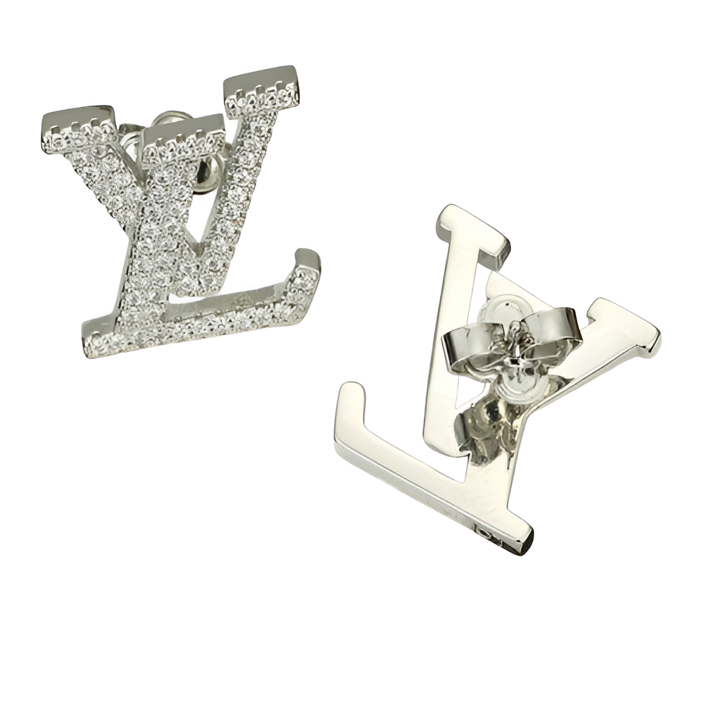 LV Monogram Stud Earrings - Gold & Silver with Crystals