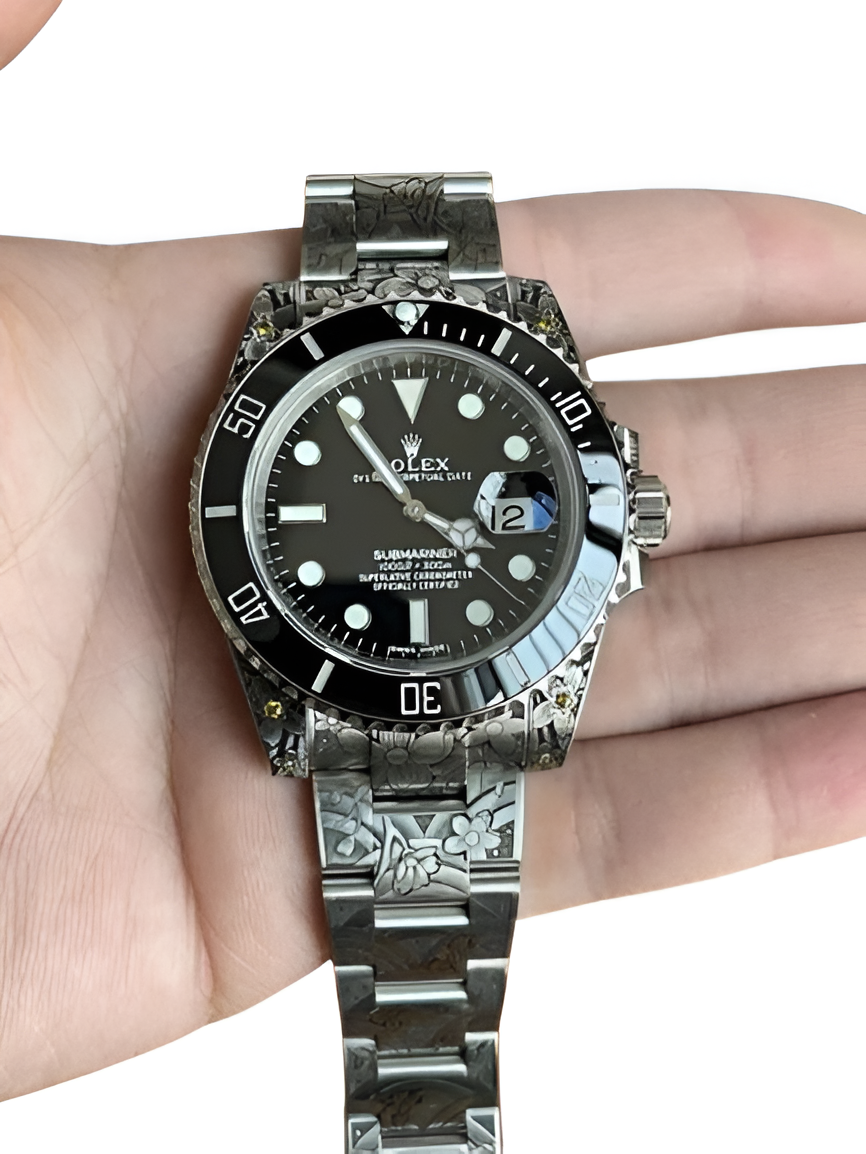 Rolex Submariner Black Dial with Custom Floral Engraving
