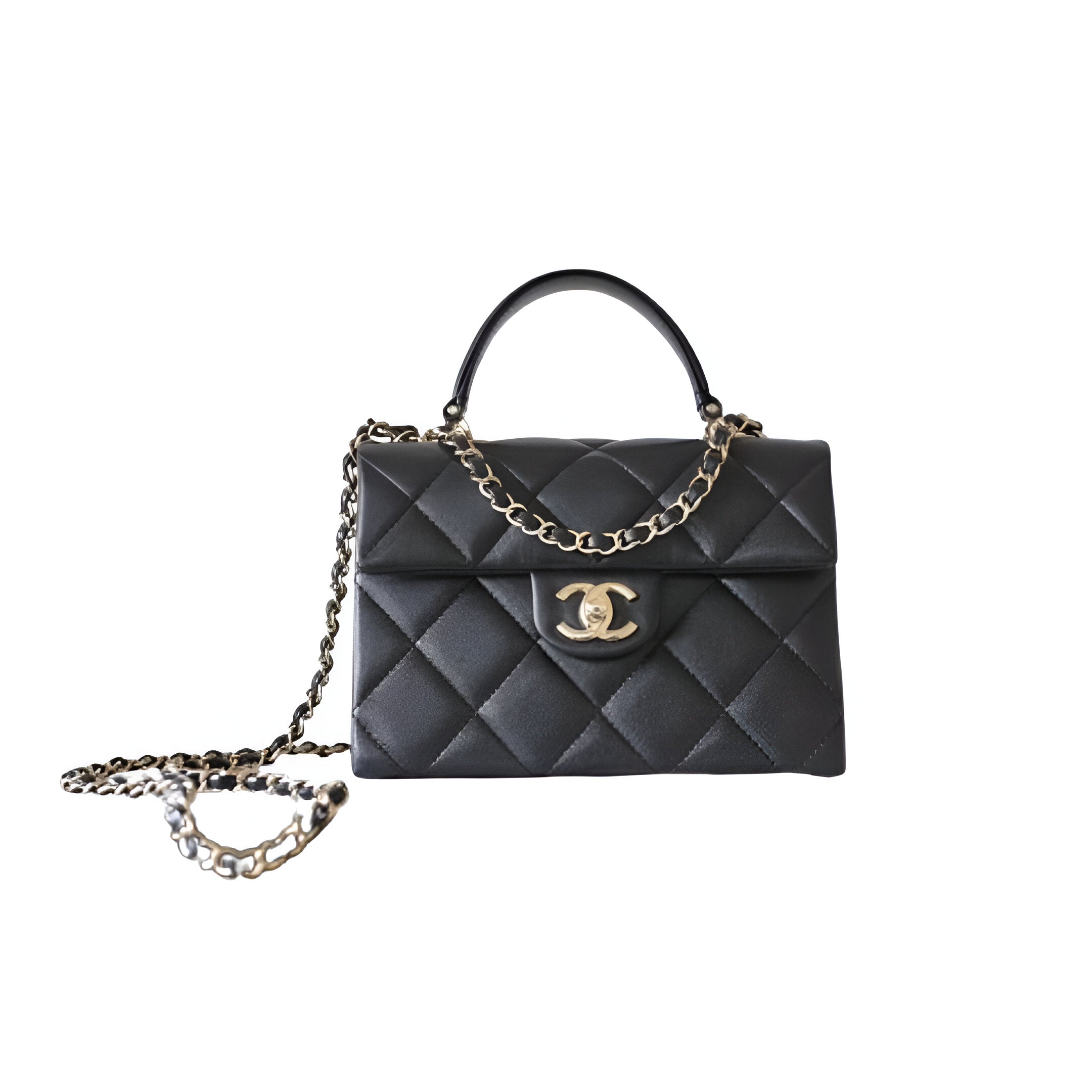 CHANEL Quilted Black Top Handle Chain Bag