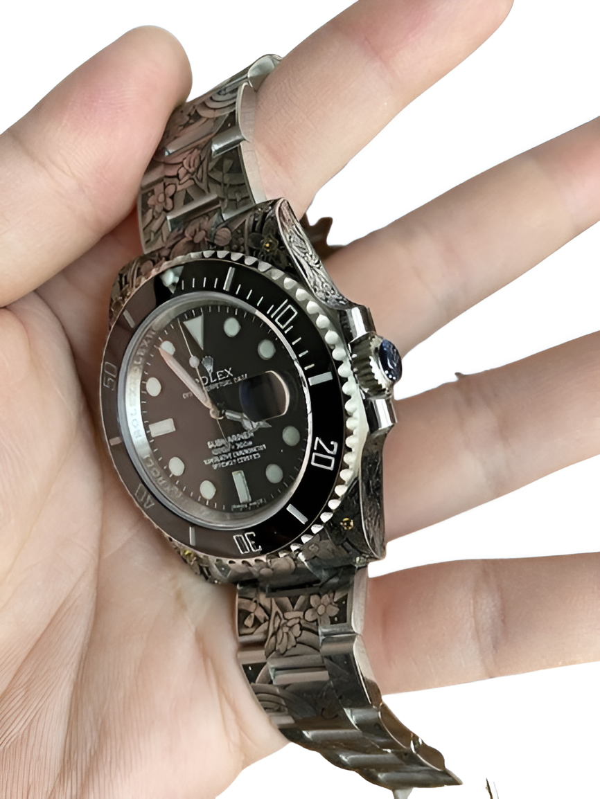 Rolex Submariner Black Dial with Custom Floral Engraving