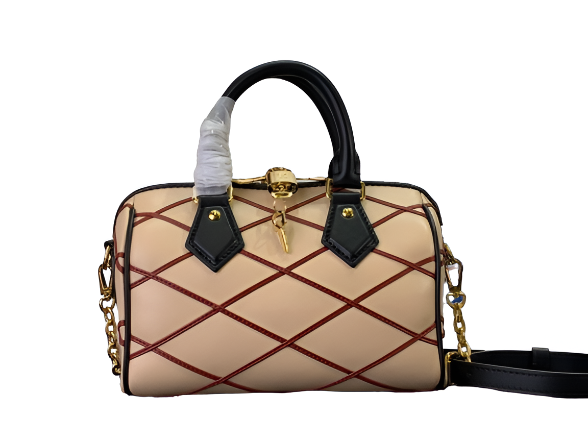 Louis Vuitton-inspired beige and red quilted handbag