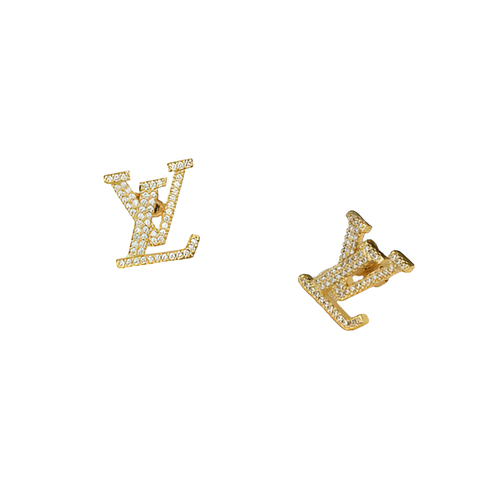 LV Monogram Stud Earrings - Gold & Silver with Crystals