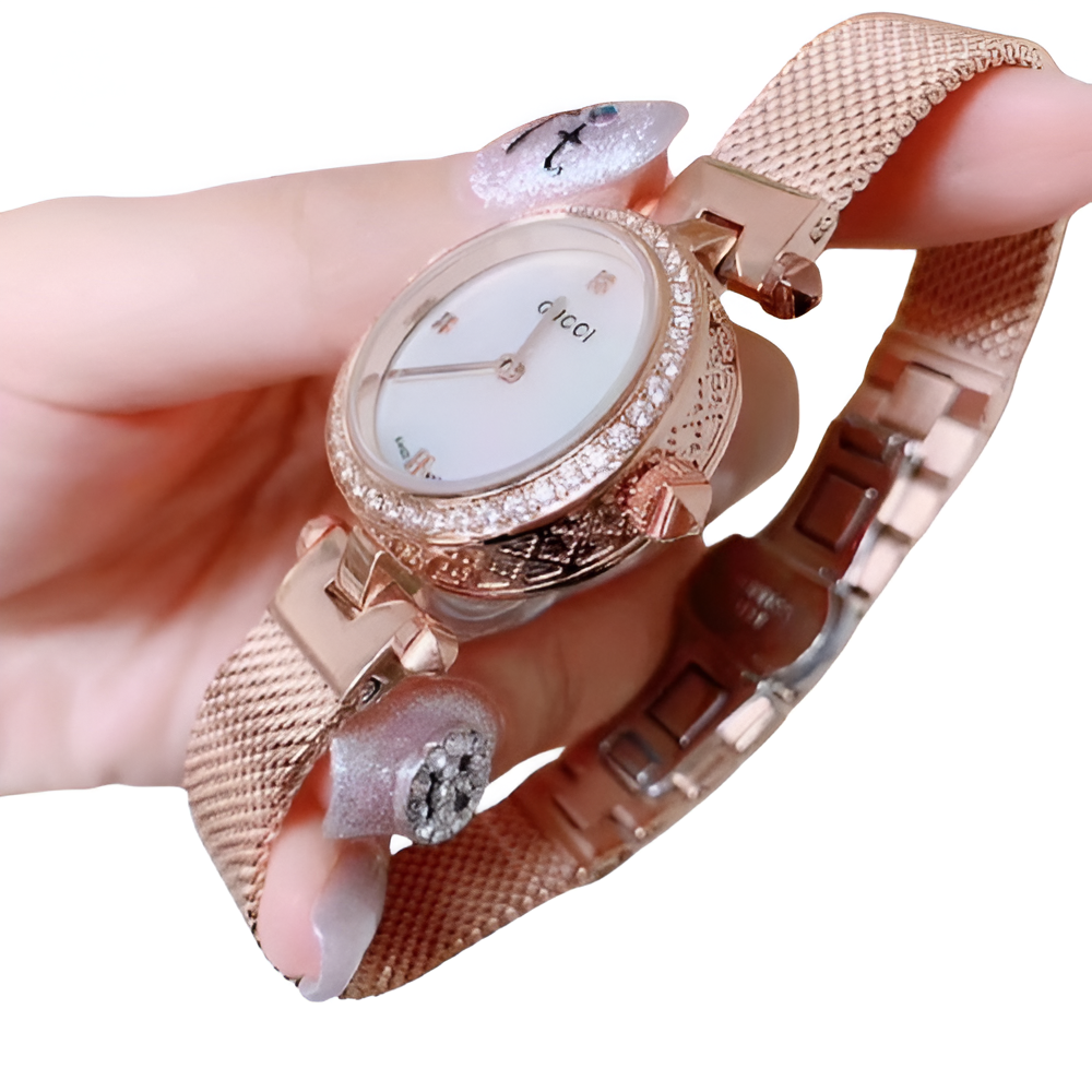 Gucci Rose Gold Mesh Watch - Diamond Accent Dial
