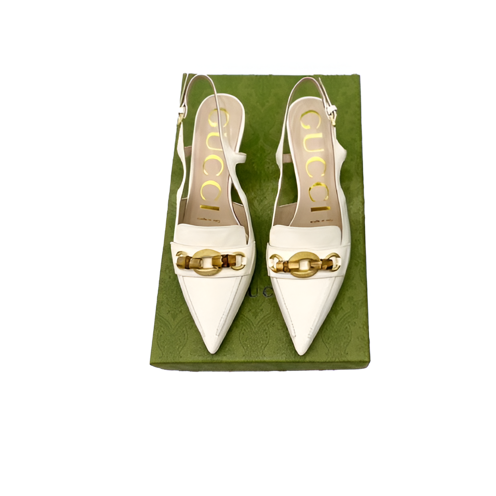 Gucci Women's Ivory Slingback Pumps with Gold Chain Detail