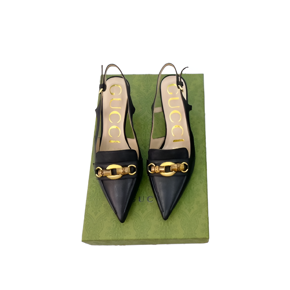 Gucci  Women's Black Slingback Pumps with Gold Chain Detail