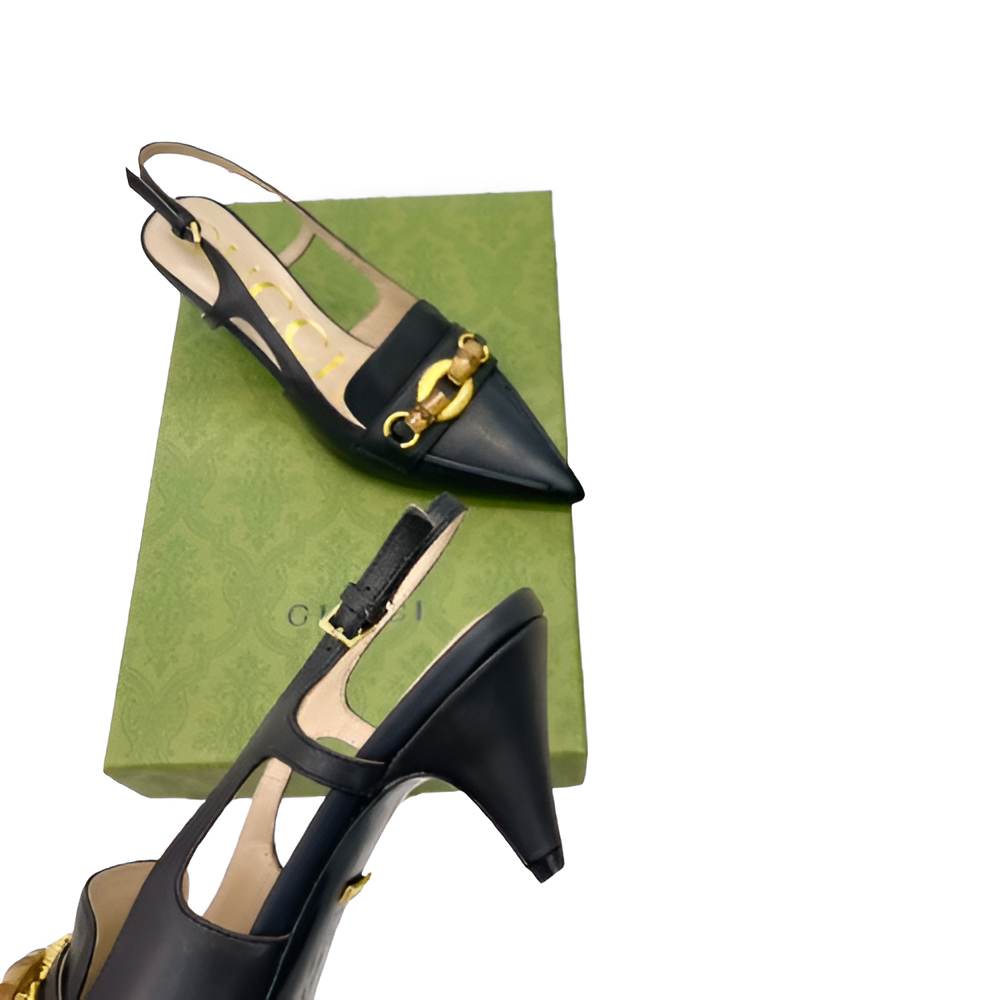 Gucci  Women's Black Slingback Pumps with Gold Chain Detail