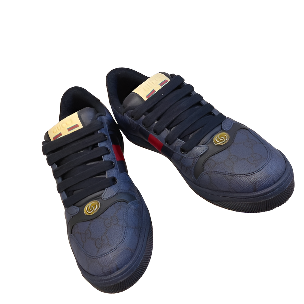 GUCCI Men's Navy Monogram Sneakers with Red and Green Stripe
