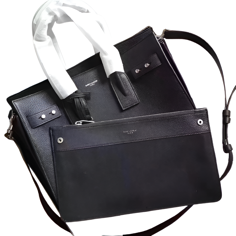YSL Black Leather Tote Bag with Pouch
