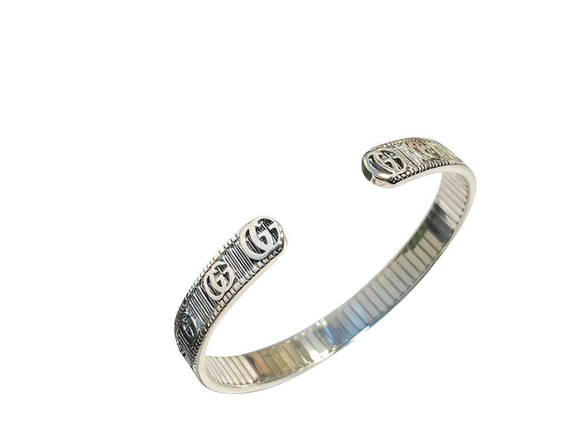GUCCI Signature Engraved Silver Cuff Bracelet