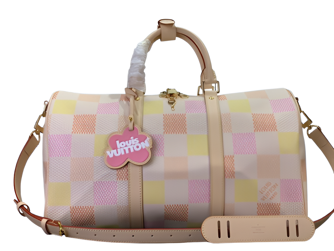 Louis Vuitton-inspired pastel checkerboard duffel bag